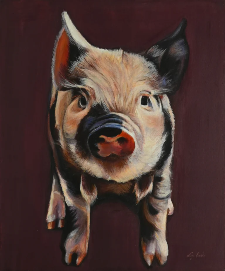 Poised in Pigment by Ivy Bath, an original acrylic portrait of a curious pig against a deep plum background