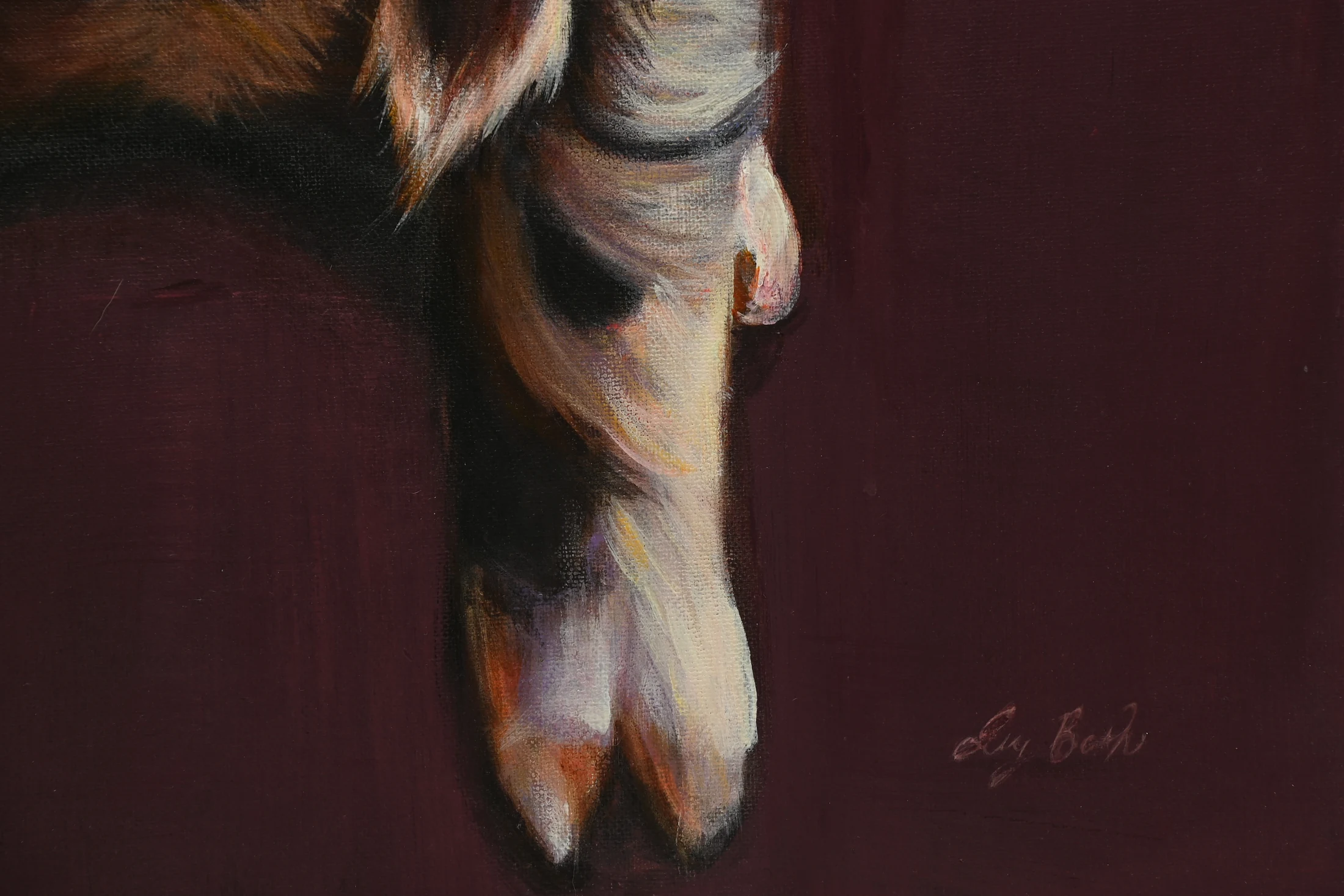 Close detail of the lower figure, brushwork, and Ivy Bath signature in Poised in Pigment