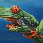 Prismatic Leap by Ivy Bath, an original acrylic portrait of a vivid red-eyed tree frog