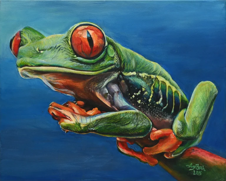 Prismatic Leap by Ivy Bath, an original acrylic portrait of a vivid red-eyed tree frog