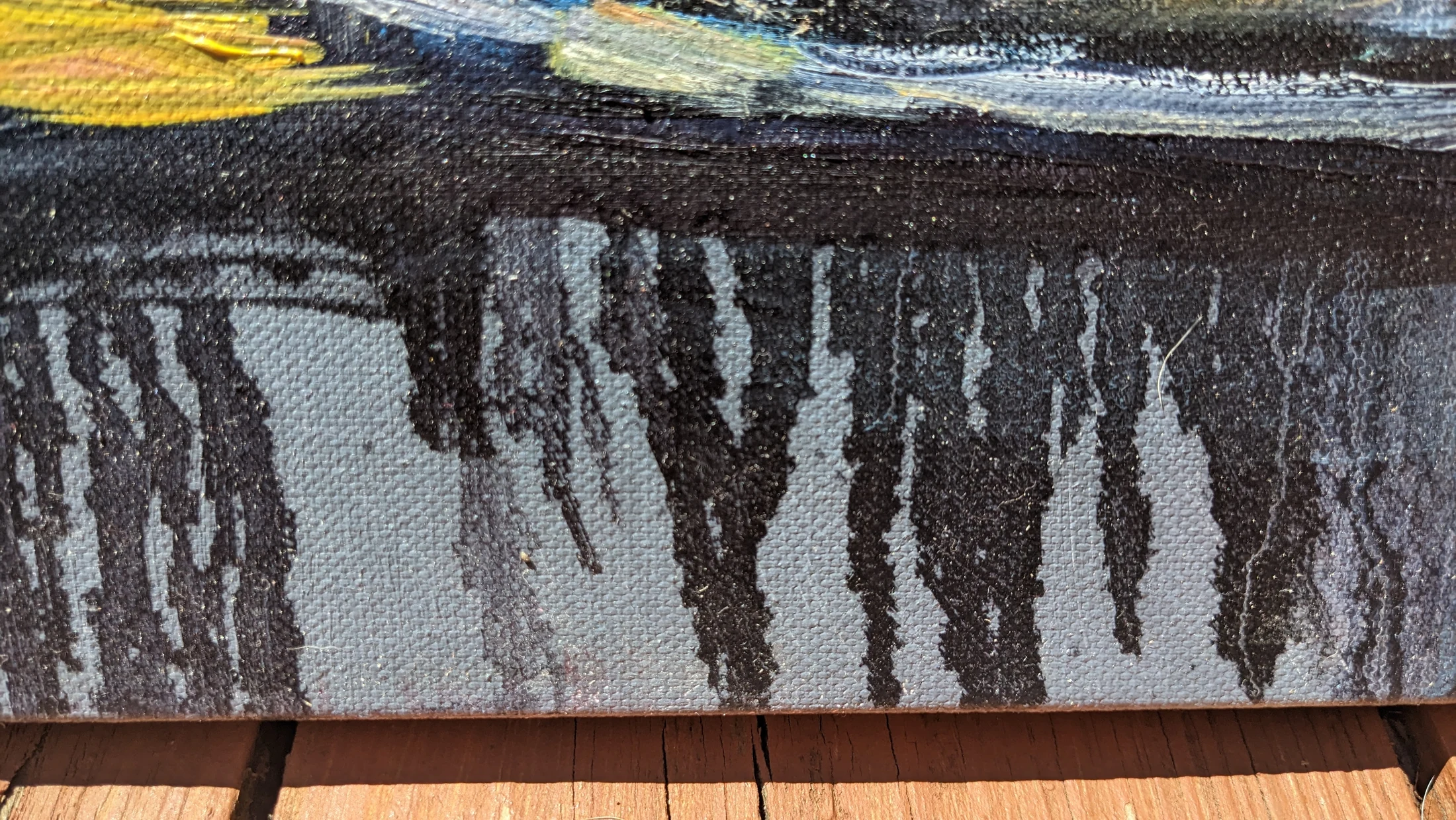 Close detail of the intentional oil-paint drips along the lower edge of Reflections of Becoming