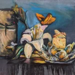 Reflections of Becoming by Ivy Bath, an oil still life with lilies, a candle, butterfly, and crystal objects