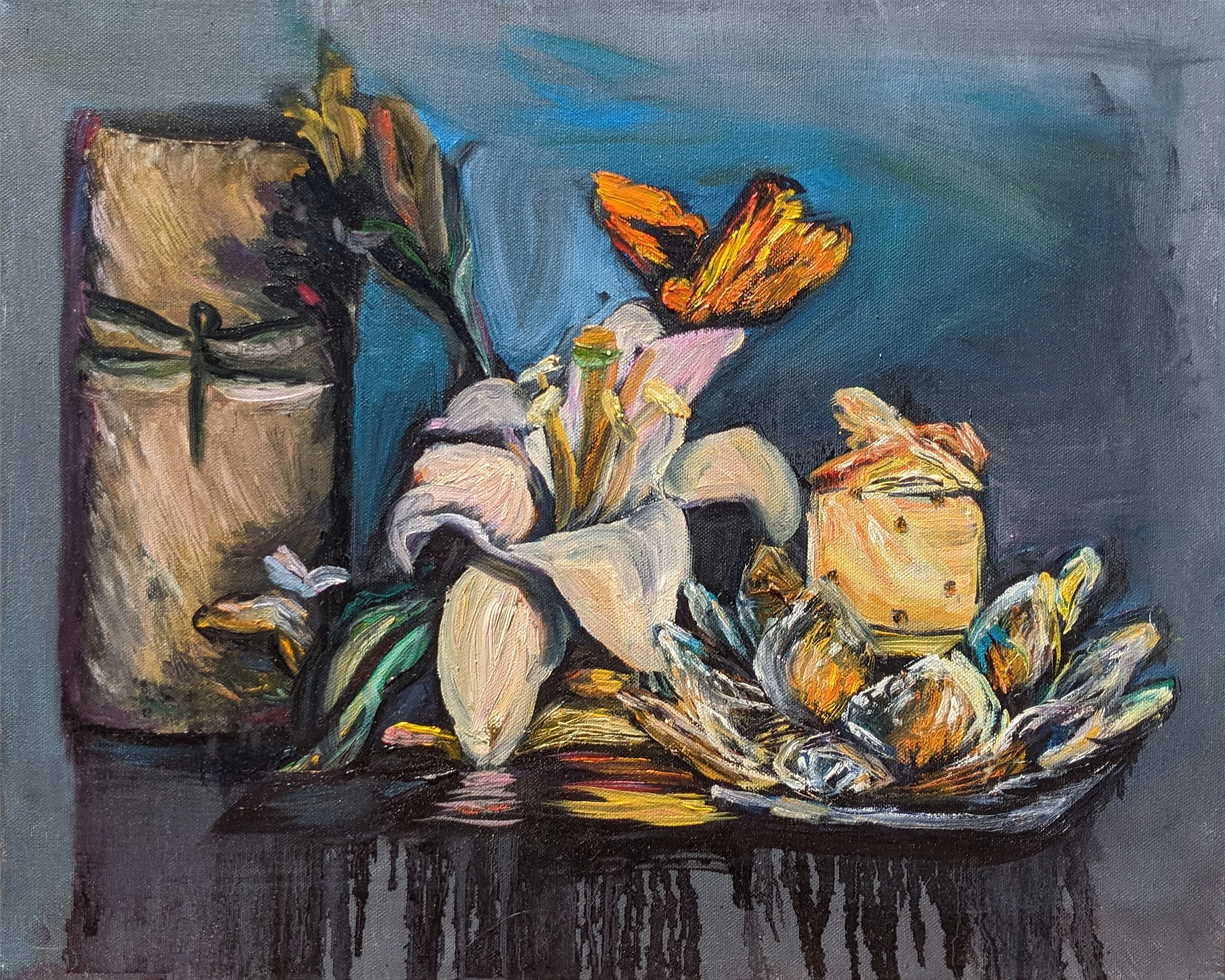 Reflections of Becoming by Ivy Bath, an oil still life with lilies, a candle, butterfly, and crystal objects