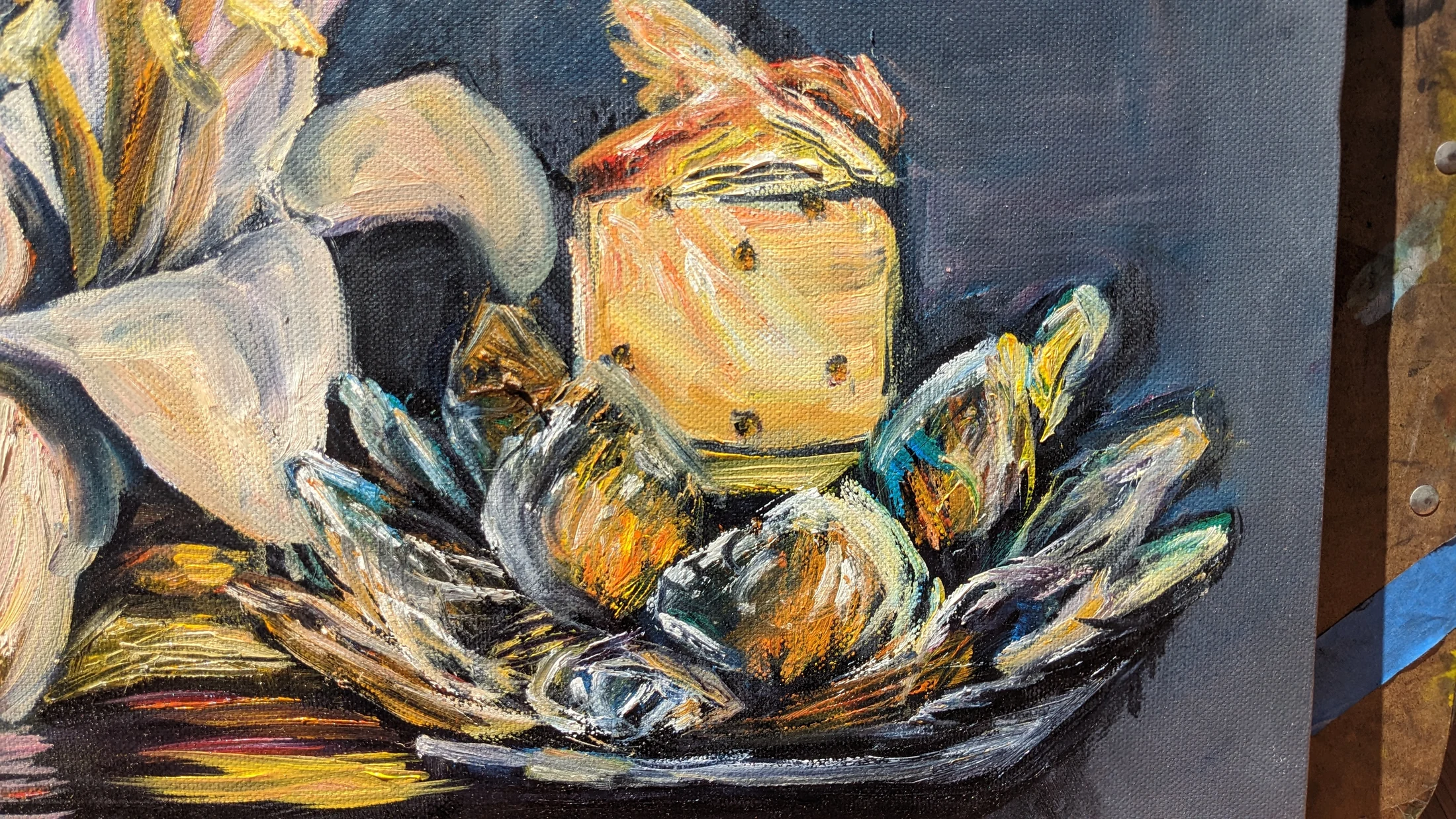 Detail of the lilies, butterfly, and glowing candle in Reflections of Becoming