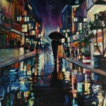 The Color of Us by Ivy Bath, an original oil painting of two lovers beneath an umbrella on a rain-lit city street