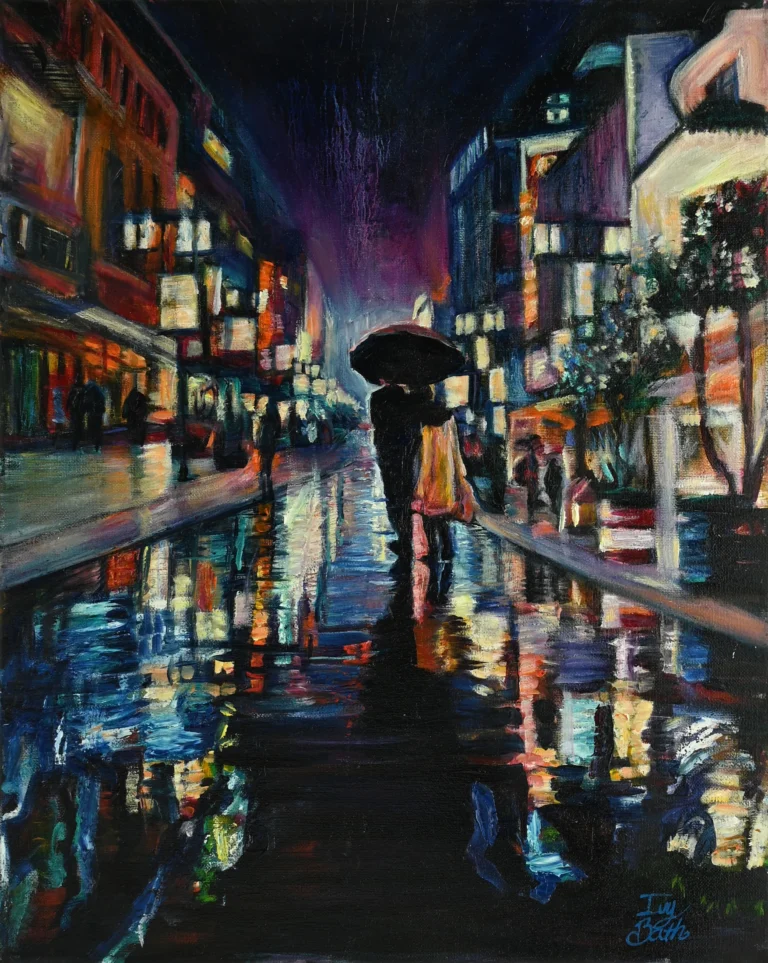 The Color of Us by Ivy Bath, an original oil painting of two lovers beneath an umbrella on a rain-lit city street