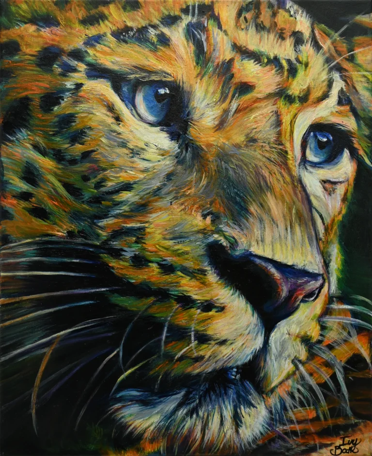 The Optic Flame by Ivy Bath, a close leopard portrait in expressive oil color
