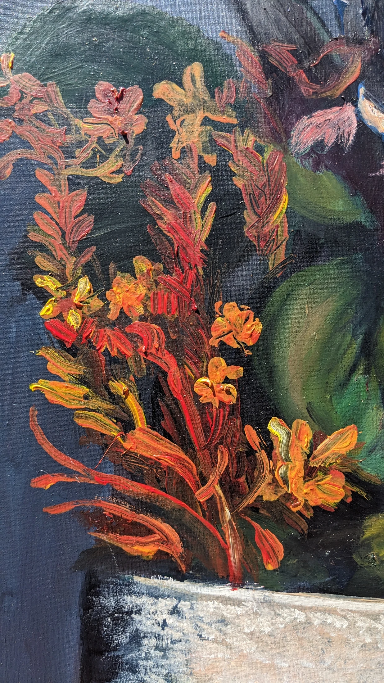 Close detail of the fiery floral arrangement in Tides of Stillness