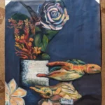 Tides of Stillness by Ivy Bath, an oil still life with sea-turtle keepsakes, flowers, and a deep blue background