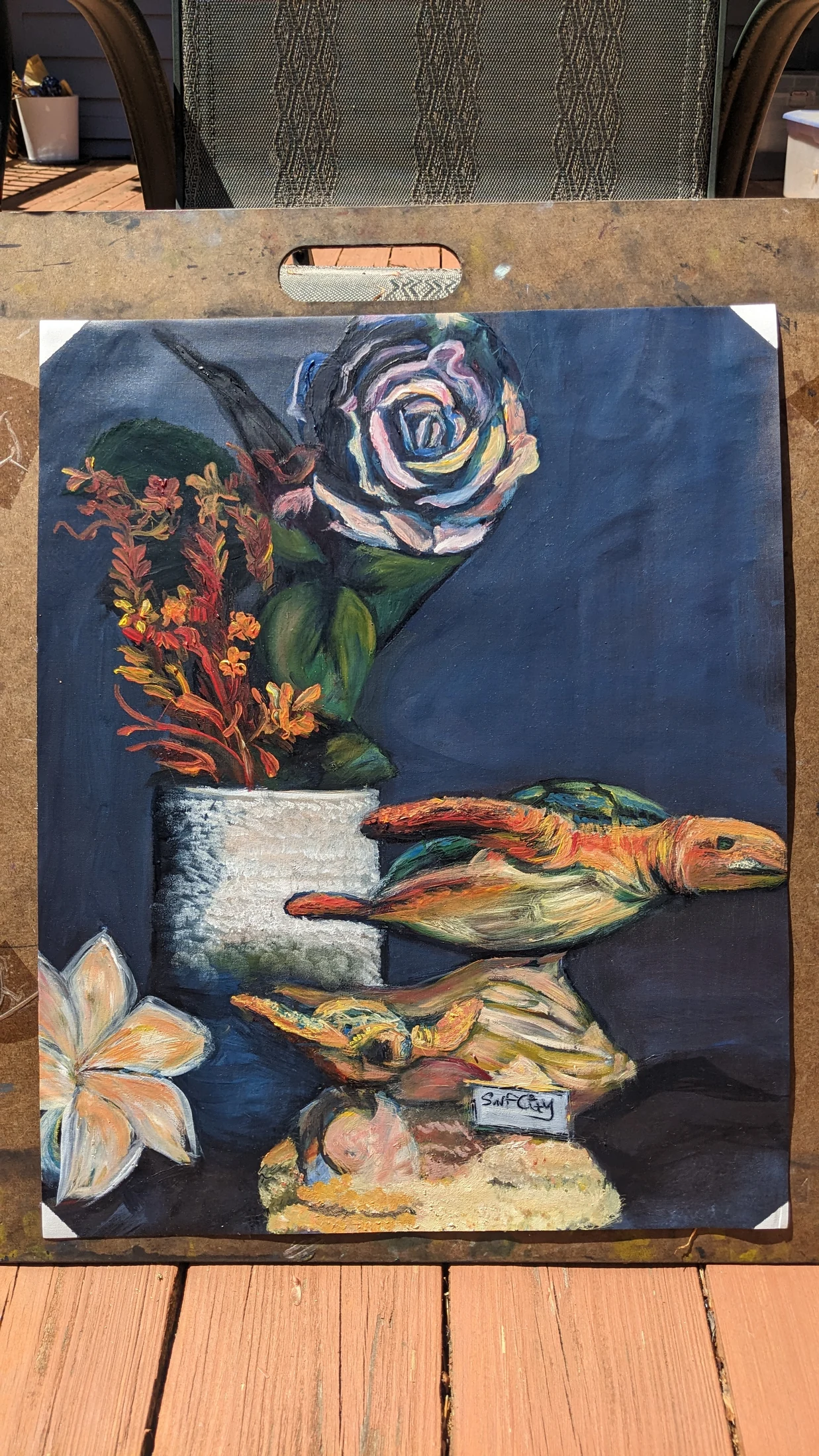 Tides of Stillness by Ivy Bath, an oil still life with sea-turtle keepsakes, flowers, and a deep blue background