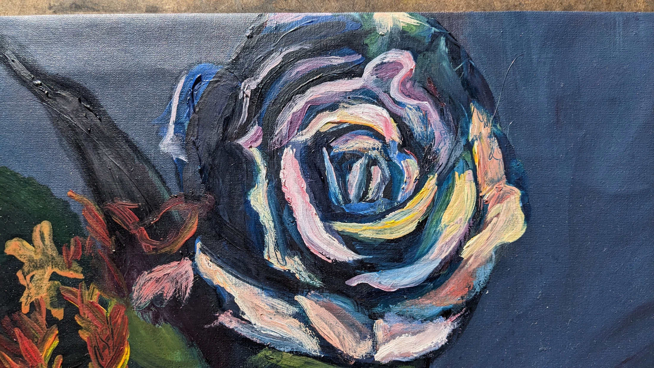 Close detail of the mauve-blue rose in Tides of Stillness